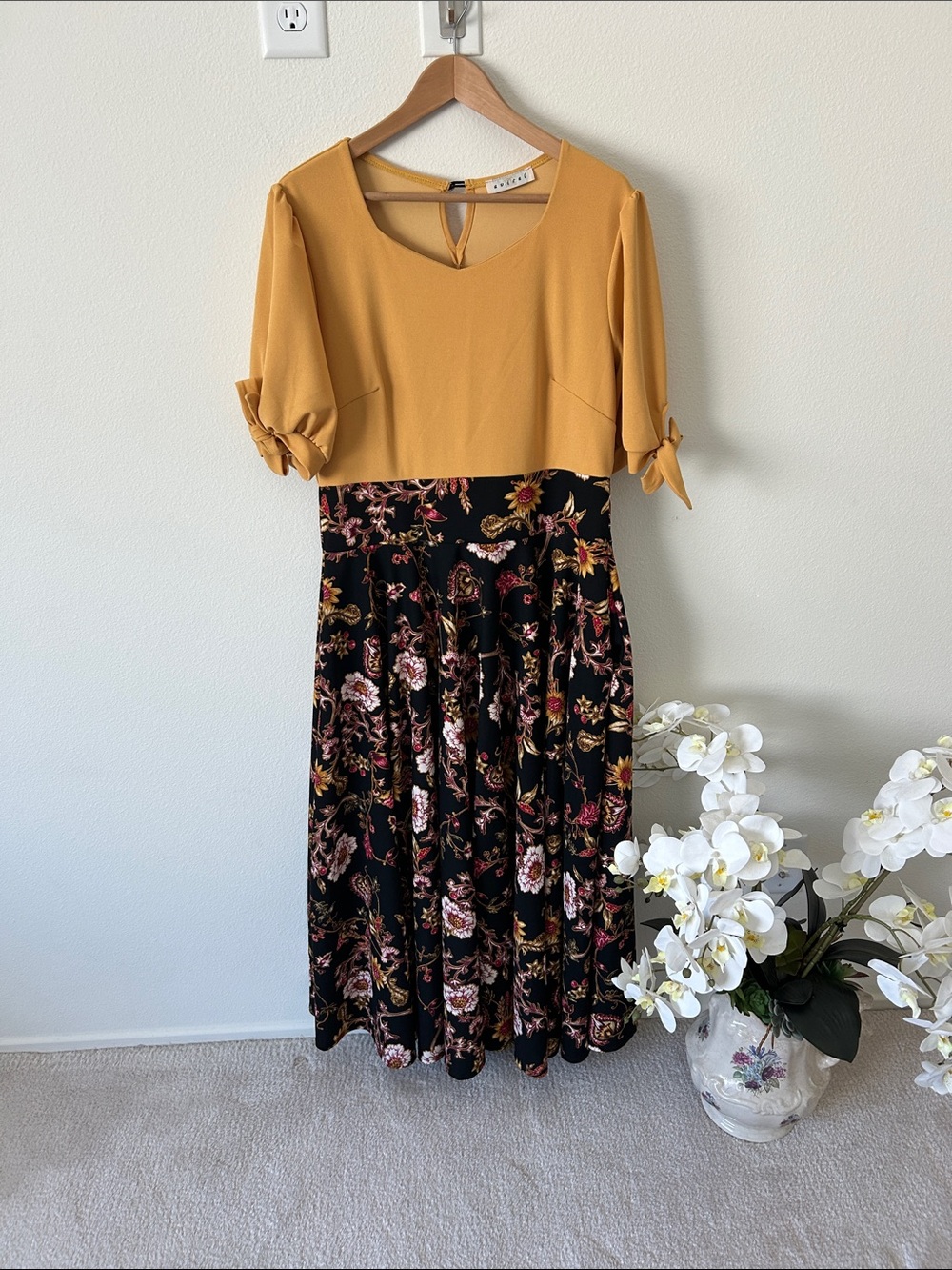 Mustard and Black Floral Maxi flared Dress